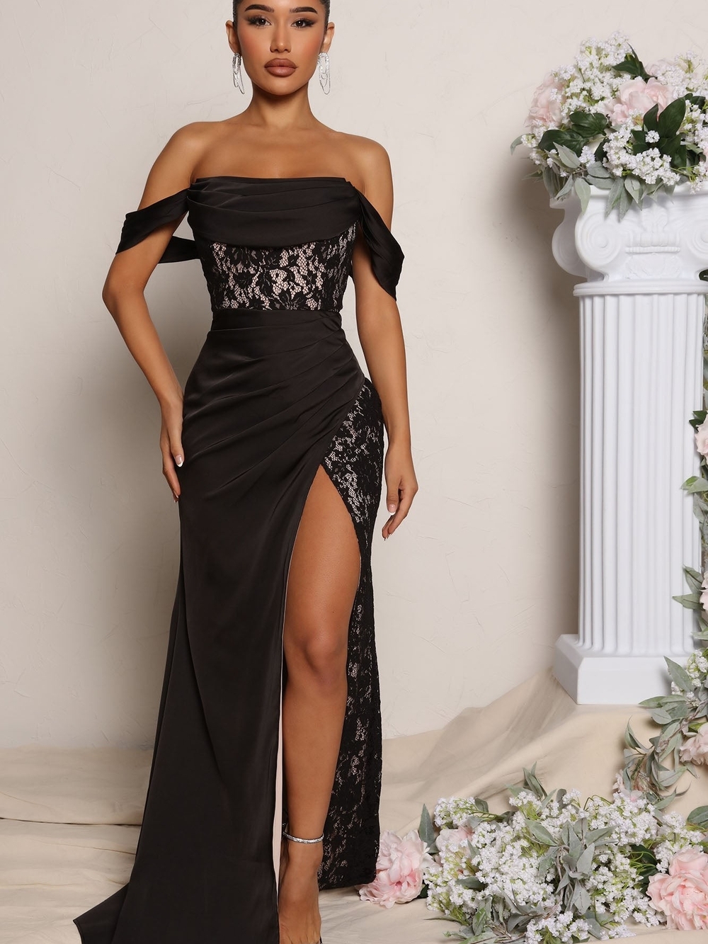 Fashion Nova Off-Shoulder Black Lace Evening Gown